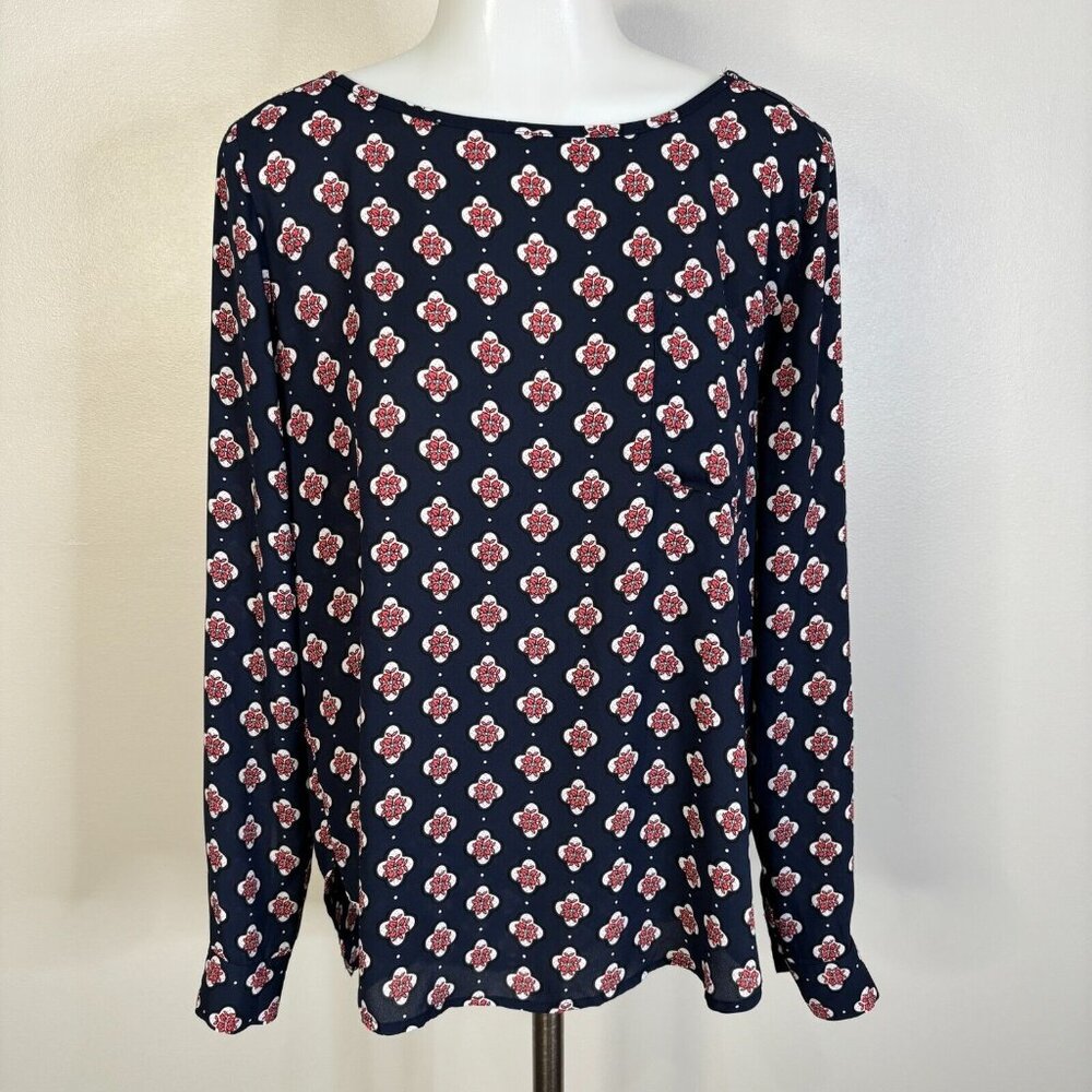 LOFT Top Small‎ Navy Blue Pink Sheer Long Sleeve Pocket Blouse Women's